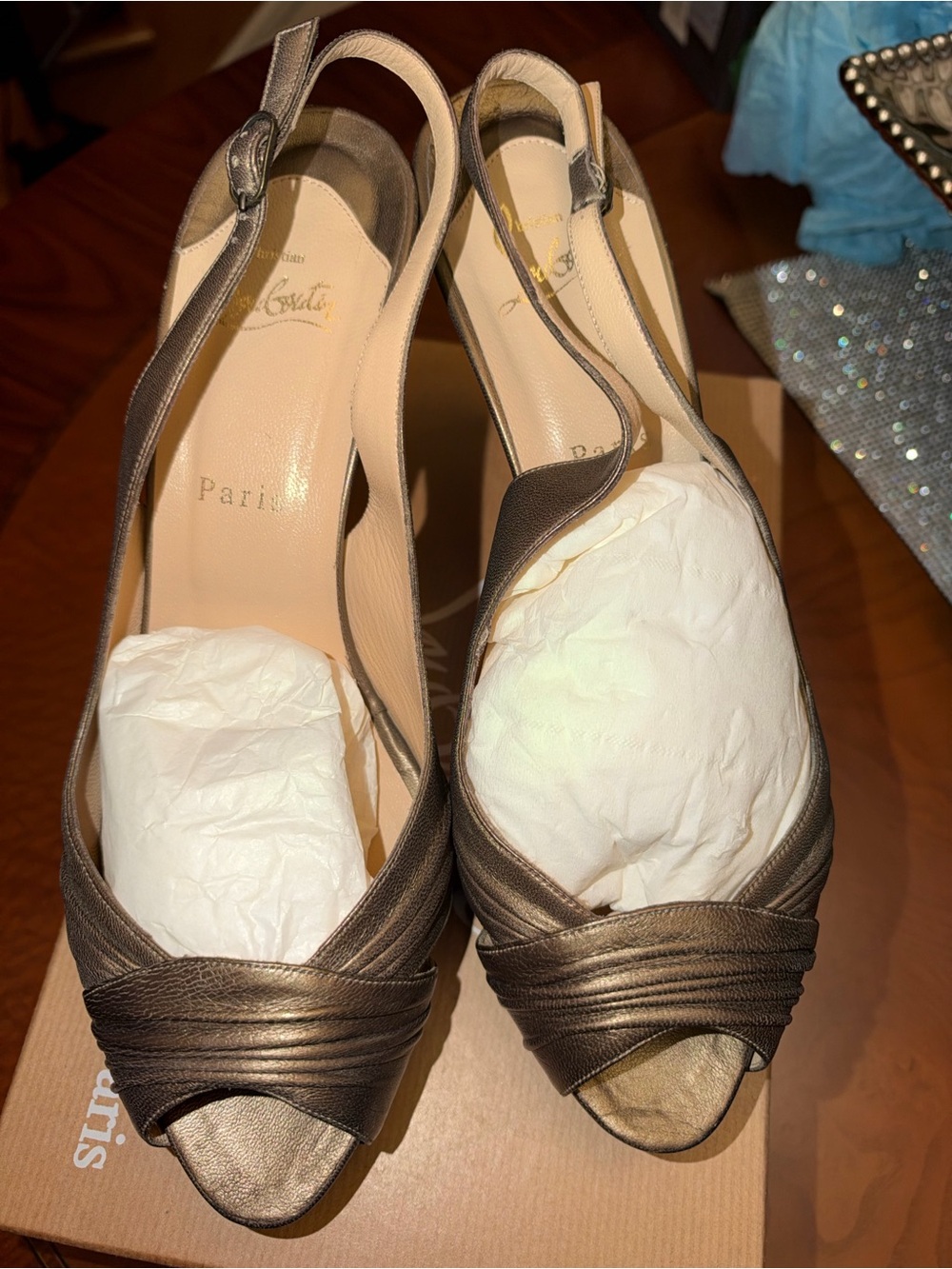 Christian Louboutin Bronze Metallic Peep-Toe Slingback Heels